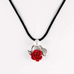  Ezüst Ródium Bevonatú Nyaklánc - Vörös Korall Rózsa Medállal - 43cm