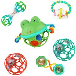 Bright Starts Set cadou de 6 piese Bright Starts, Little Shakers - fara BPA, usor de prins Zornaitoare pentru bebelusi si inele de dentitie, unisex, nou-nascut+ (13083-6-A3-LN-F-MEWW-W11)