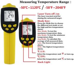 UNI-T Holdpeak 1120 Infravörös érintésmentes hőmérő, test és tárgyak mérésére, anyaghőmérő Infravörös hőmérsékletmérő, -50°C/+1120°C, kijelzés C°-ban és F°-ban