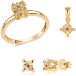  Arannyal Bevont Ezüst Szett Vörös Gyémánttal ( Fülbevaló+Gyűrű+Medál ), ROS708/59
