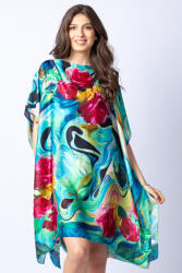 SHOPIKA Rochie de plaja tip poncho din matase cu trandafiri fucsia pe fond turcoaz Talie unica