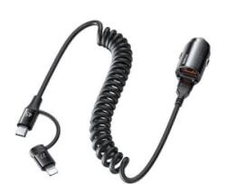 REMAX RUICHY autós töltő USB aljzat (45W, PD gyorstöltő + fix spirál Type-C - lightning kábel) FEKETE (RCC356) (RCC356)