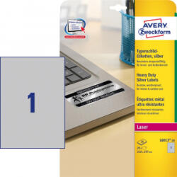 AVERY Etikett címke, 210 x297mm, ipari poliészter, 1 címke/ív, 20 ív/doboz, ezüst (L6013-20) (L6013-20)
