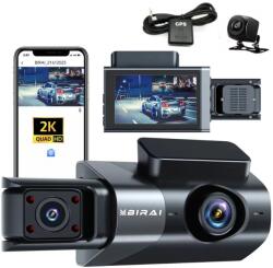  Triple Dash Cam, 2K Full HD-1440P, BIRAI® GoMotion, WDR, GPS, WIFI, állítható G-szenzor, telefonalkalmazás, éjszakai látás, 170°-os ultraszéles látószög, 3, 5 hüvelykes IPS képernyő, első-háts