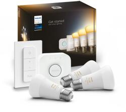 Philips Hue 8719514291232 LED izzók és Bridge Starter Kit készlet 3x8W | E27 | 1100lm | 2200-6500K -3 db-os készlet, szabályozható, ZigBee, Bluetooth,