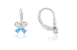Ezüst gyermek fülbevaló patentzáras pillangó fehér és világoskék kővel ródiumbevonatos