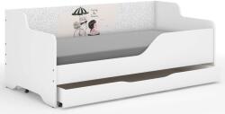  LILU gyerekágy laminált oldalakkal, 160x80cm-es matraccal és ágyneműtároló hellyel - kislány kerékpáron macskával