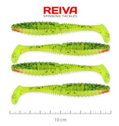 Reiva Zander Power Shad 10cm 7, 05gr 4db/cs (Zöld-Narancs Flitter) Plasztik csali (9901-146)