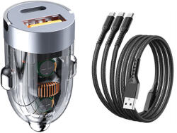  120 W autós töltő szett, kétportos autós töltőadapter + töltőkábel KM-22