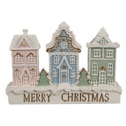 Clayre & Eef Mézeskalács Merry Christmas házsor színes, 13x4x10cm, műanyag dekorfigura