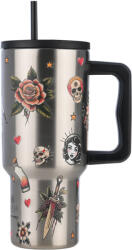 Estia Home Art Straw Tumbler XL Save the Aegean Reciclabil Pahar cu mâner Termos Oțel inoxidabil Fără BPA 900ml OLD SCHOOL INK cu Pai și Mâner 01-32050 (01-32050)