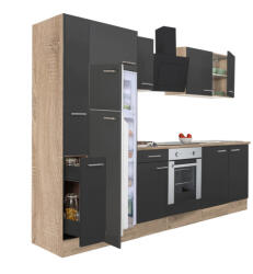 Leziter Yorki 300 konyhabútor sonoma tölgy korpusz, selyemfényű antracit front alsó sütős elemmel felülfagyasztós hűtős szekrénnyel (L300STAN-SUT-FF) - geminiduo