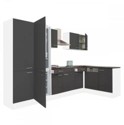 Leziter Yorki 340 sarok konyhabútor fehér korpusz, selyemfényű antracit fronttal polcos szekrénnyel és alulfagyasztós hűtős szekrénnyel (LS340FHAN-PSZ-AF) - geminiduo