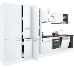 Leziter Yorki 370 konyhabútor fehér korpusz, selyemfényű fehér front alsó sütős elemmel polcos szekrénnyel és alulfagyasztós hűtős szekrénnyel (L370FHFH-SUT-PSZ-AF) - geminiduo