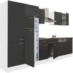 Leziter Yorki 340 konyhabútor fehér korpusz, selyemfényű antracit fronttal polcos szekrénnyel és felülfagyasztós hűtős szekrénnyel (L340FHAN-PSZ-FF) - geminiduo