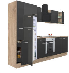 Leziter Yorki 310 konyhabútor sonoma tölgy korpusz, selyemfényű antracit front alsó sütős elemmel felülfagyasztós hűtős szekrénnyel (L310STAN-SUT-FF) - geminiduo