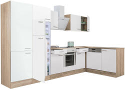 Leziter Yorki 340 sarok konyhabútor sonoma tölgy korpusz, selyemfényű fehér front alsó sütős elemmel polcos szekrénnyel, felülfagyasztós hűtős szekrénnyel (LS340STFH-SUT-PSZ-FF) - geminiduo