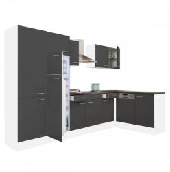 Leziter Yorki 340 sarok konyhabútor fehér korpusz, selyemfényű antracit fronttal polcos szekrénnyel és felülfagyasztós hűtős szekrénnyel (LS340FHAN-PSZ-FF) - geminiduo