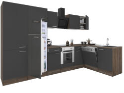 Leziter Yorki 340 sarok konyhabútor yorki tölgy korpusz, selyemfényű antracit front alsó sütős elemmel polcos szekrénnyel, felülfagyasztós hűtős szekrénnyel (LS340YAN-SUT-PSZ-FF) - homelux