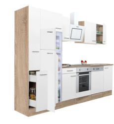 Leziter Yorki 310 konyhabútor sonoma tölgy korpusz, selyemfényű fehér front alsó sütős elemmel felülfagyasztós hűtős szekrénnyel (L310STFH-SUT-FF) - homelux