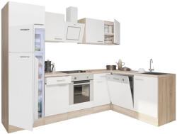 Leziter Yorki 280 sarok konyhabútor sonoma tölgy korpusz, selyemfényű fehér front alsó sütős elemmel felülfagyasztós hűtős szekrénnyel (LS280STFH-SUT-FF) - homelux