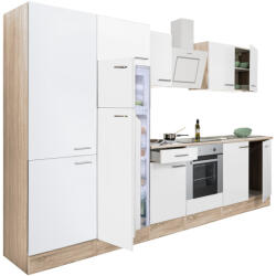 Leziter Yorki 330 konyhabútor sonoma tölgy korpusz, selyemfényű fehér front alsó sütős elemmel polcos szekrénnyel és felülfagyasztós hűtős szekrénnyel (L330STFH-SUT-PSZ-FF) - homelux
