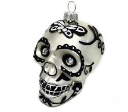LAALU Dísz koponya fekete dekorációval ezüst 9 cm (LAU-1421)