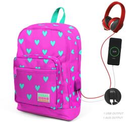 Coral High Ghiozdan cu 4 compartimente, Coral High, cu USB, roz cu inimioare