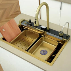 Top Ceramic Set chiuveta bucatarie multifunctionala cu accesorii din inox 750x460, auriu periat, Top Ceramic (1107L) Chiuveta