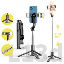  L13D 1160mm-es összehajtható vezeték nélküli bluetoothos rozsdamentes acél szelfi bot, távzárral és dupla kitöltő lámpával