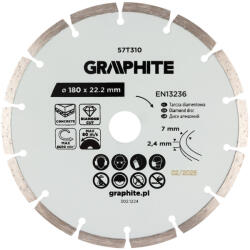 GRAPHITE Gyémánt vágókorong 180x22.2mm, szegmenses, száraz (57T310) - storeplace