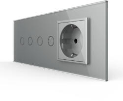 LIVOLO Intrerupator Dublu + Dublu + Priza LIVOLO cu Rama Din Sticla Standard Italian 6M Gri (VL-FC2/2/FCTC-6I)