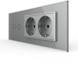 LIVOLO Intrerupator Dublu + 2 Prize LIVOLO cu Rama Din Sticla Standard Italian 6M Gri (VL-FC2/2FCTC-6I)