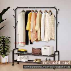  Kompakt Fém Ruhatartó Állvány Polcokkal és Akasztókkal, fekete (YP-608)