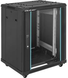 Qoltec 19" RACK szekrény | 15U | 600 x 855 x 600 | Edzett üvegajtók | Álló | Lábak + Kerekek | Acél ház | Zár (54518)