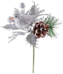  Ág MagicHome Karácsony, madárral, ezüst, 17 cm