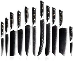 HARAHU Set de cuțite de bucătărie din oțel damasc WA-35136 - Negru / Aurie / 11 buc KP35136