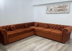 MobAmbient Colțar fix din catifea 300 x 300 cm, 7 locuri, cărămiziu - model CHESTERFIELD