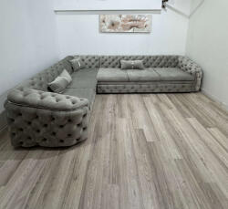 MobAmbient Colțar extensibil 6 locuri, stil Chesterfield, catifea, gri deschis - model DIVA