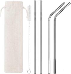  Szívószál szett vászonzsákkal tisztító kefével, 2 db egyenes 2 db hajlított acél 6mm x 215 mm - mindenamibar