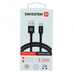 SWISSTEN Adat- és Töltőkábel Textil Bevonattal, USB/mikro USB, 3 m, Fekete (3071527300) (3071527300)