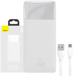 Baseus Bipow Powerbank, hordozható külső akkumulátor 2xUSB-A/USB-C/Micro-USB, LED kijelzővel, 10000 mAh, 20W, fehér