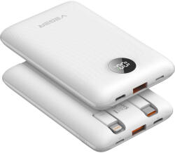 VEGER powerbank 10 000 mAh beépített kábellel Type C / Lightning PD QC3.0 2A 22, 5W C11C (W1170), fehér