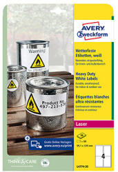 Avery Zweckform címkék 99.1mm x 139mm, A4, matt, fehér, 4 címke, nagyon tartós, 20 darabos csomag, L4774-20, lézernyomtatóhoz