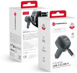 Forcell F-ENERGY Alu autós töltő visszahúzható kábellel Type C és Type C + USB A aljzatokkal PD QC4.0 SFC2.0 3A 75W fekete