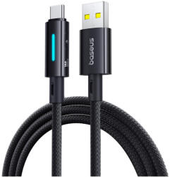Baseus - Data Cable Lit (P10379002121-01) - USB-ről C típusú csatlakozóra, 100W, gyorstöltés, világítás, gombvezérlés, 2m - Kozmikus fekete