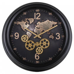Art-Pol Industrial fekete-arany fém fogaskerekes világtérképes kvarc falióra római számokkal 52x52x10, 5cm (138614)