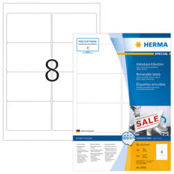HERMA No. 10308 fehér színű 96 x 63, 5 mm méretű, univerzálisan nyomtatható, öntapadós etikett címke, visszaszedhető ragasztóval A4-es íven - kiszerelés: 800 címke / 100 ív
