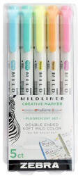 Zebra Szövegkiemelő készlet, 1, 4/4, 0 mm, kétvégű, ZEBRA "Mildliner Fluorescent", 5 szín (78105)