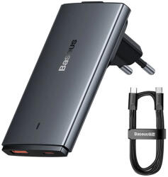 Baseus - Fali Töltő (CCGP150113) - GaN5 Pro Lapos Kialakítás, USB, Type-C, UE és UK Csatlakozóval, Type-C Kábel - Szürke